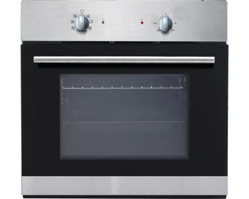 Edelstahl Einbaubackofen mit schwarzer Glasfront und Drehreglern
