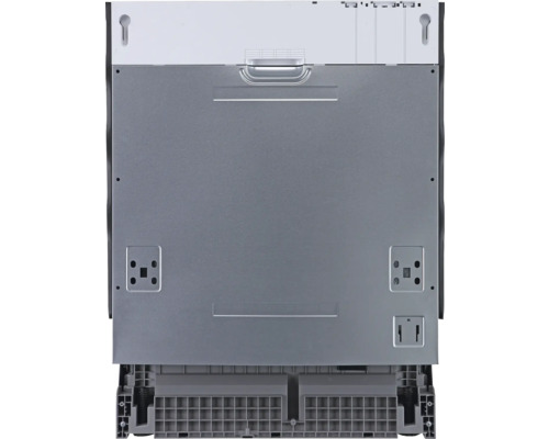 Rückansicht eines Geschirrspülers mit Details zu Anschlüssen und Montagepunkten.