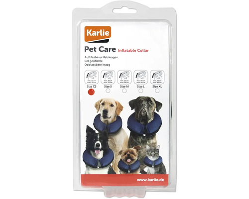Karlie aufblasbarer Halskragen für Haustiere in Verpackung mit Größenangaben und Abbildungen von Hunden und einer Katze
