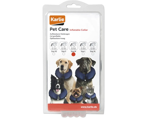 Karlie Logo. Verpackung eines aufblasbaren Halskragens für Haustiere in verschiedenen Größen.