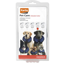 Karlie Logo. Verpackung eines aufblasbaren Halskragens für Haustiere in verschiedenen Größen.