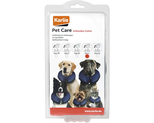 Karlie Logo. Verpackung eines aufblasbaren Halskragens für Haustiere in verschiedenen Größen.