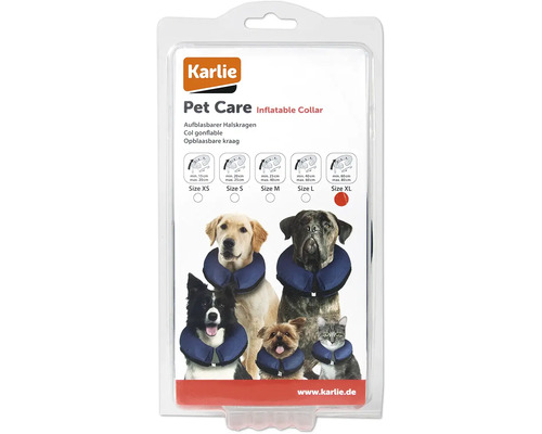 Karlie Logo. Verpackung eines aufblasbaren Halskragens für Haustiere in verschiedenen Größen, geeignet für Hunde und Katzen