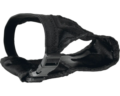 Schwarzer Maulkorb aus Stoff mit verstellbarem Riemen und Schnalle