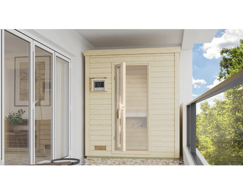 Saunahaus Karibu Talos inkl. 9 kW Bio Ofen u.ext. Steuerung und Holztür und Isolierglas Holzsauna mit Glastür auf einem Balkon