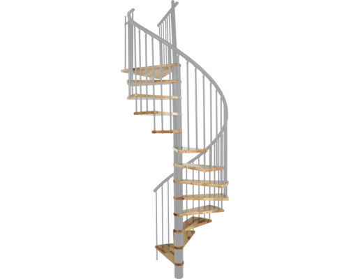 Wendeltreppe mit Holzstufen und Metallgeländer