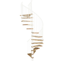 Wendeltreppe mit Holzstufen und weißem Geländer