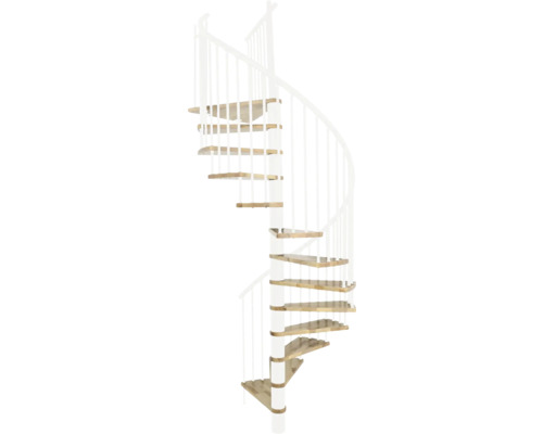 Wendeltreppe mit Holzstufen und weißem Geländer