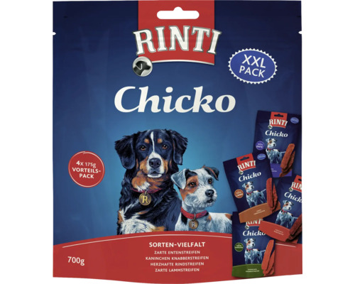 Hundesnack RINTI Chicko Sortenvielfalt XXL 700 g, Kaninchen Knabberstreifen, Rindstreifen, Lammstreifen, Entenstreifen Rinti Chicko XXL-Packung mit verschiedenen Geschmacksrichtungen für Hunde