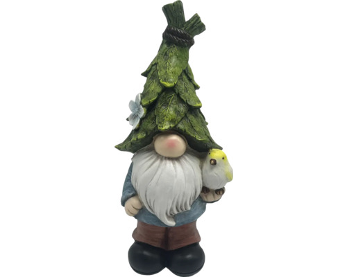 Gartenzwerg mit Vogel und Blätterhut