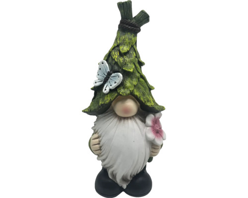 Gartenzwerg mit Blattmütze, Schmetterling und Blume