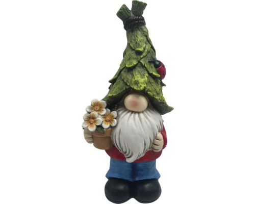 Gartenzwerg mit Blumen und Blätterhut