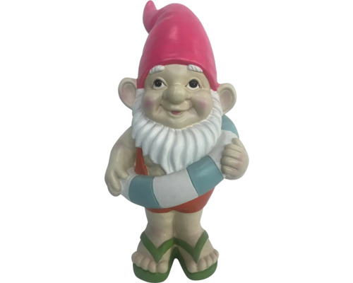 Gartenzwerg mit Schwimmreifen und Badeschuhen