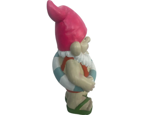 Gartenzwerg mit Badekappe und Schwimmreifen