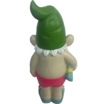 Rückansicht einer Gartenzwergfigur mit grüner Mütze, weißem Kragen, roter Hose und blauen Schuhen