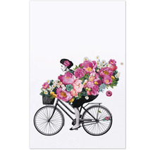 Illustration einer Frau, die mit einem Fahrrad voller Blumen fährt