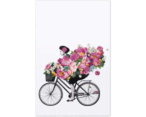 Illustration einer Frau, die mit einem Fahrrad voller Blumen fährt