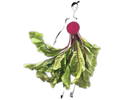 Illustration eines stilisierten Models mit einem Kleid aus Rüben und Blättern.