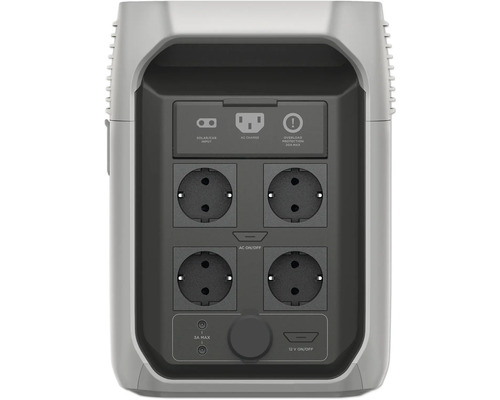 Anschlüsse einer Powerstation mit Steckdosen, Solar/Auto Eingang, AC-Ladeanschluss und 12V Anschluss
