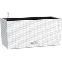 Rechteckiger Pflanzkasten aus Kunststoff mit Bewässerungssystem und Lechuza Logo.