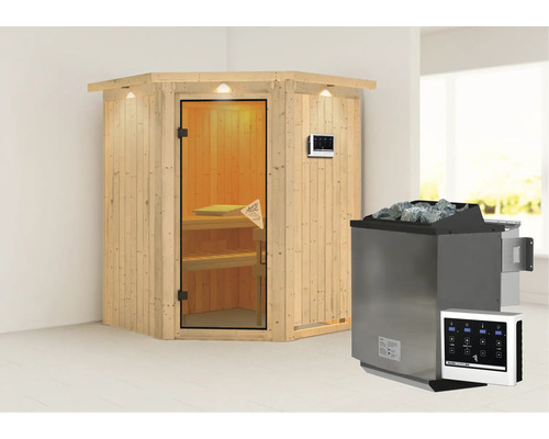 Elementsauna Karibu Callinan inkl. 9 kW Bio Ofen u.ext.Steuerung mit Dachkranz und bronzierter Ganzglastüre