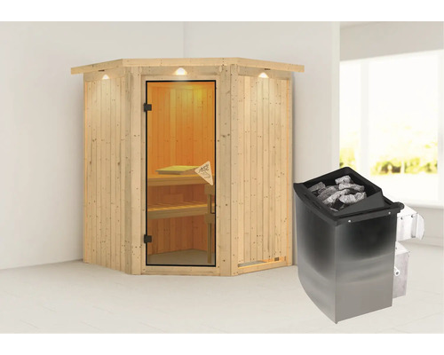 Elementsauna Karibu Callinan inkl. 9 kW Ofen u.integr.Steuerung mit Dachkranz und bronzierter Ganzglastüre