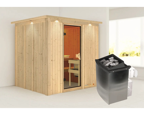 Elementsauna Karibu Sodina inkl. 9 kW Ofen u.integr.Steuerung und Dachkranz mit bronzierter Ganzglastüre