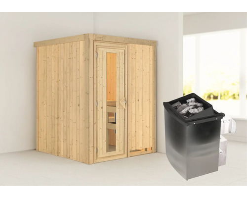 Elementsauna Karibu Norina inkl. 9 kW Ofen u.integr.Steuerung ohne Dachkranz mit Holztüre und Isolierglas wärmegedämmt