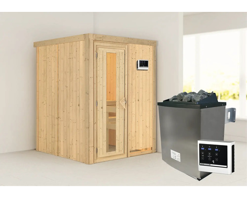 Elementsauna Karibu Norina inkl. 9 kW Ofen u.ext.Steuerung ohne Dachkranz mit Holztüre und Isolierglas wärmegedämmt