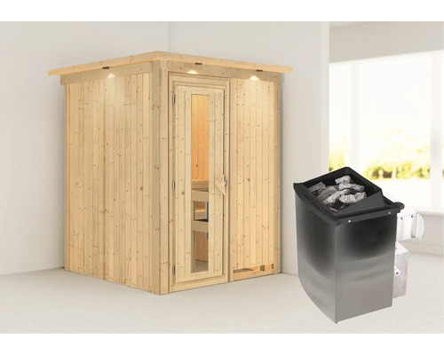 Elementsauna Karibu Norina inkl. 9 kW Ofen u.integr.Steuerung mit Dachkranz und Holztüre mit Isolierglas wärmegedämmt