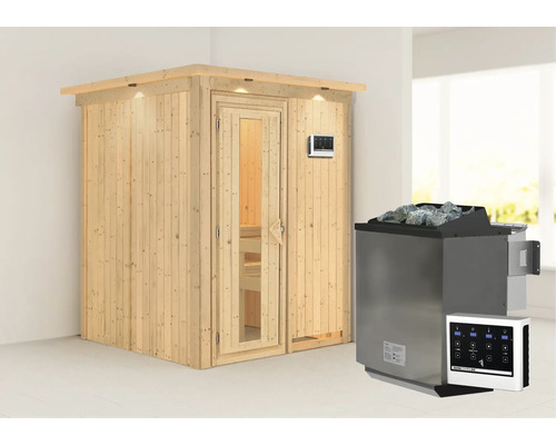 Elementsauna Karibu Norina inkl. 9 kW Bio Ofen u.ext.Steuerung mit Dachkranz und Holztüre mit Isolierglas wärmegedämmt