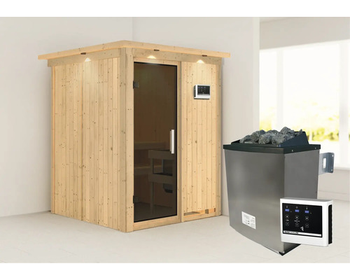 Elementsauna Karibu Norina inkl. 9 kW Ofen u.ext.Steuerung mit Dachkranz und graphitfarbiger Ganzglastüre