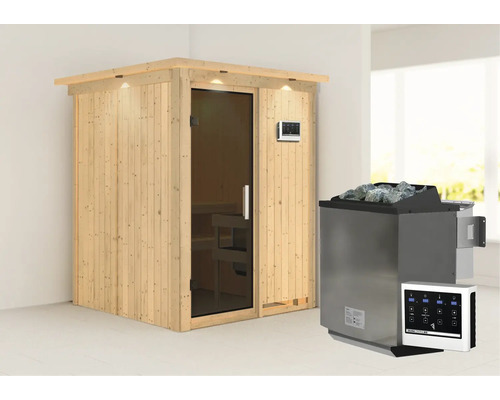 Elementsauna Karibu Norina inkl. 9 kW Bio Ofen u.ext.Steuerung mit Dachkranz und graphitfarbiger Ganzglastüre