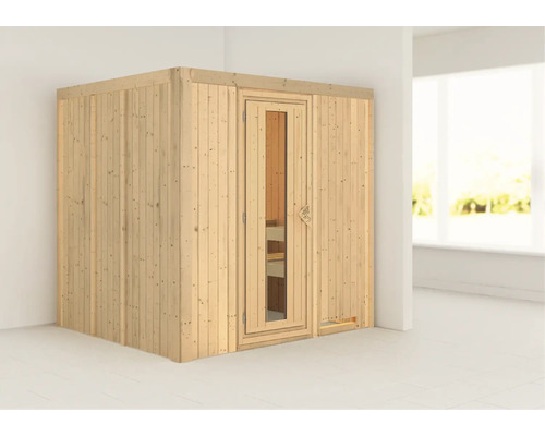 Elementsauna Karibu Sodina ohne Ofen und Dachkranz mit Holztüre und Isolierglas wärmegedämmt