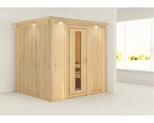 Elementsauna Karibu Sodina ohne Ofen mit Dachkranz und Holztüre mit Isolierglas wärmegedämmt