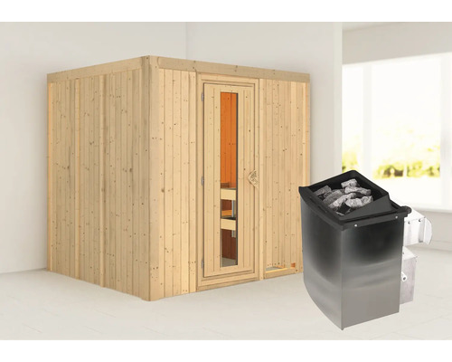 Elementsauna Karibu Sodina inkl. 9 kW Ofen u.integr.Steuerung ohne Dachkranz mit Holztüre und Isolierglas wärmegedämmt