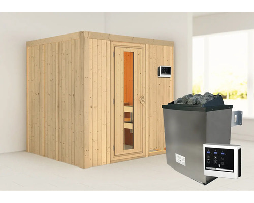 Elementsauna Karibu Sodina inkl. 9 kW Ofen u.ext.Steuerung ohne Dachkranz mit Holztüre und Isolierglas wärmegedämmt