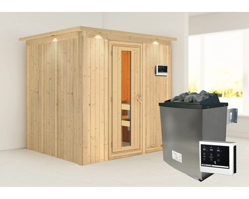 Elementsauna Karibu Sodina inkl. 9 kW Ofen u.ext.Steuerung mit Dachkranz und Holztüre mit Isolierglas wärmegedämmt