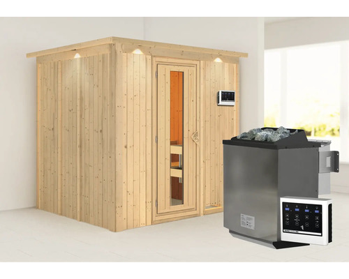 Elementsauna Karibu Sodina inkl. 9 kW Bio Ofen u.ext.Steuerung mit Dachkranz und Holztüre mit Isolierglas wärmegedämmt