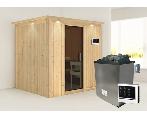 Elementsauna Karibu Sodina inkl. 9 kW Ofen u.ext.Steuerung mit Dachkranz und graphitfarbiger Ganzglastüre