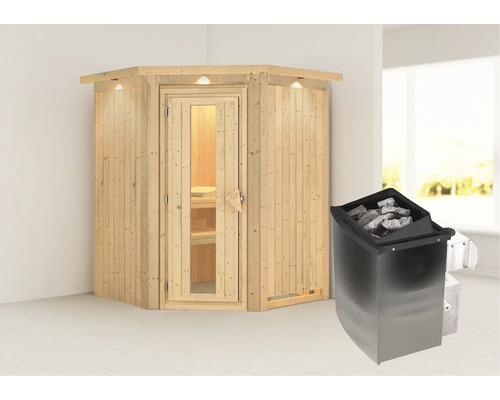 Elementsauna Karibu Callinan inkl. 9 kW Ofen u.integr.Steuerung mit Dachkranz und Holztüre mit Isolierglas wärmegedämmt