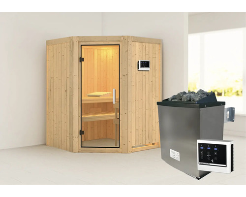 Elementsauna Karibu Callinan inkl. 9 kW Ofen u.ext.Steuerung ohne Dachkranz mit Ganzglastüre aus Klarglas