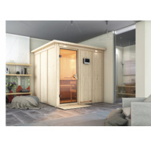 Holzsauna mit Glastür und Steuerungselement in einem modern eingerichteten Raum
