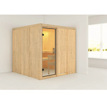 Sauna aus Holz mit Glastür in einem hellen Raum