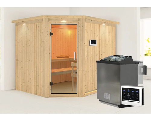 Innensauna aus Holz mit Glastür, Saunaofen und Steuerungseinheit