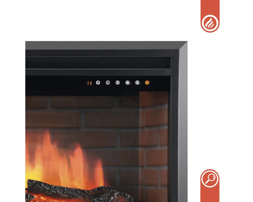 Detailansicht eines elektrischen Kamins mit Bedienfeld und Flammeneffekt