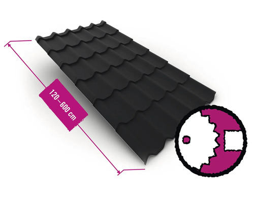 PRECIT Dachziegel BigStone RAL 9005 Tiefschwarz Fixbreite 1170 mm x 0,5 mm (Meterware ab 120 bis max. 600 cm) PRECIT Dachziegel BigStone RAL 9005 Tiefschwarz Fixbreite 1170 mm x 0,5 mm (Meterware ab 120 bis max. 600 cm)