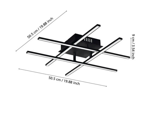 Deckenleuchte mit linearem Design und Maßangaben.