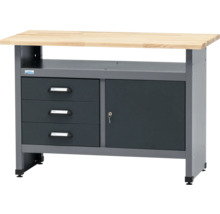 Werkbank mit drei Schubladen, einer Tür und einer Arbeitsplatte aus Holz