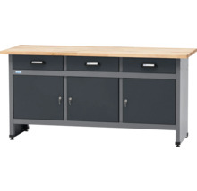 Werkbank mit drei Schubladen, drei Schrankfächern und Arbeitsplatte aus Holz